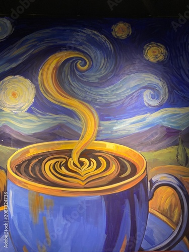 Dreamy Swirling Night Sky Above a Steaming Coffee Cup – Impressionist Style Painting