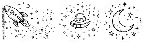 Konstfotografi space scenes with rocket flying saucer and crescent moon in cute cosmic doodle s