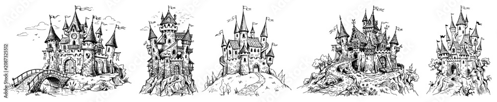 Naklejka premium Fantasy castle illustrations set with medieval fairytale fortress sketches in detailed outline style