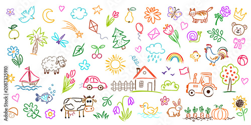 Obraz na płótnie Kids doodle drawings set with cute colorful children sketches of animals plants