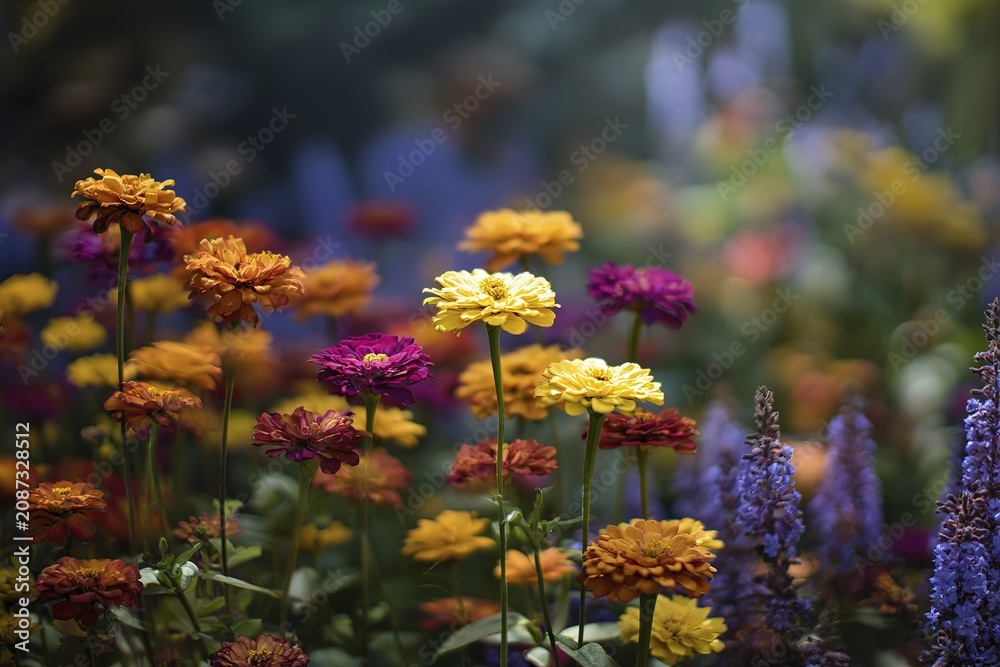 Obraz premium Vibrant garden blooms with colorful zinnias and lush greenery in sunlight