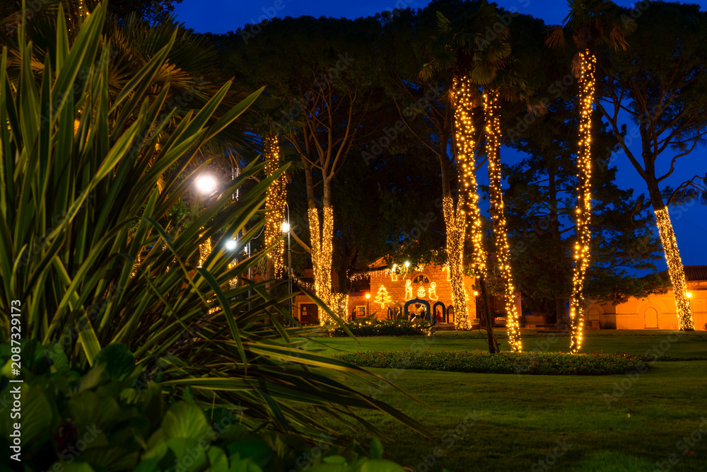 Naklejka premium Christmas lights decorating palm trees and park in Opatija, Croatia at night
