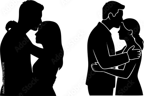 Romantic Couple Kissing and Hugging Silhouette Duo Black and White Vector Illustration for Love, Wedding, and Valentine's Day Themed Cards, Prints, and Design Projects