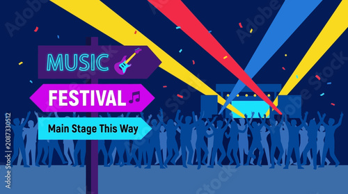 People gather at night festival with colorful lights and music stage signs