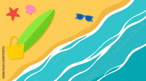Bild auf Leinwand Beach scene with surfboard, starfish, and sunglasses on sandy shore by ocean