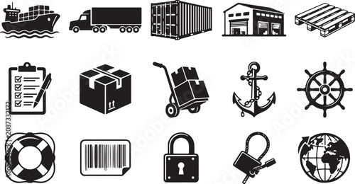 Fotografie Logistics and shipping icons set with various transportation and delivery symbol