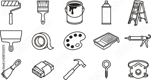 Painting and renovation tools collection line art vector illustration for diy projects
