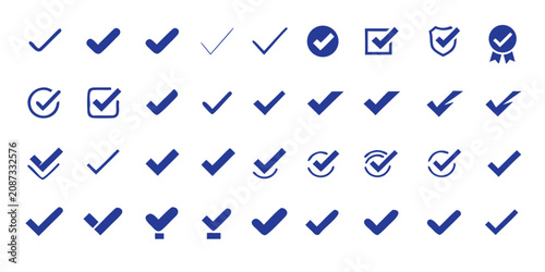 Set of 30 check mark icons in blue color, various styles and shapes isolated on white background