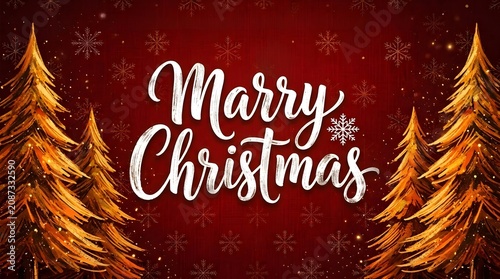 Merry christmas greeting card with golden trees and snowflakes