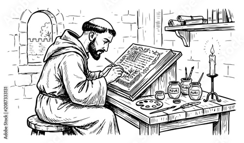 Monk scribe writing illuminated manuscript at desk in detailed line art style