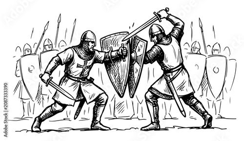 Photos Medieval knights fighting with swords and shields on battlefield in hand drawn e