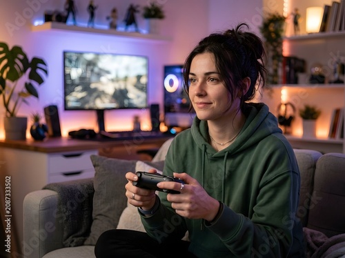 A young woman is engrossed in playing a video game on her computer in a cozy room, illuminated by colorful LED lights. She sits on a comfortable sofa, holding a game controller with both hands.