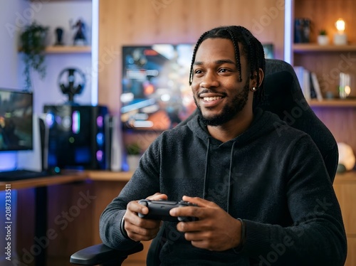 A young Black man sitting in a gaming chair, holding a controller and smiling. He is playing a video game in a room with colorful lights and gaming equipment