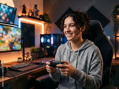 A young woman with curly dark hair, wearing a grey hoodie, sits in a gaming chair holding a controller and smiling. She is looking at a computer monitor that displays a video game.