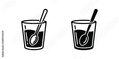 Minimalist black and white icon set of a glass with a spoon for beverage and drink concepts