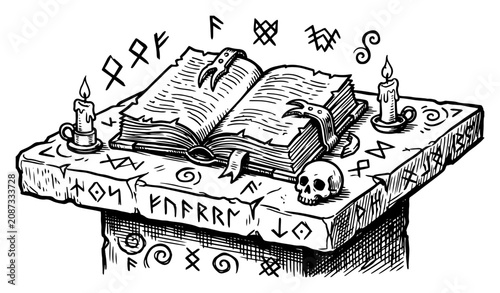 Foto Ancient grimoire on runic stone pedestal with skull and candles in vintage sketc