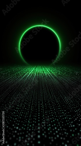 Geometric abstract background with a vibrant lime green and black pulsating circle. Futuristic digital art design for modern technology and music concepts.