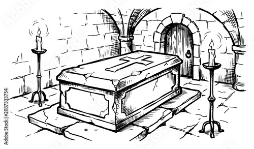 Bild auf Leinwand Stone sarcophagus in medieval crypt with burning candles in historical engraving
