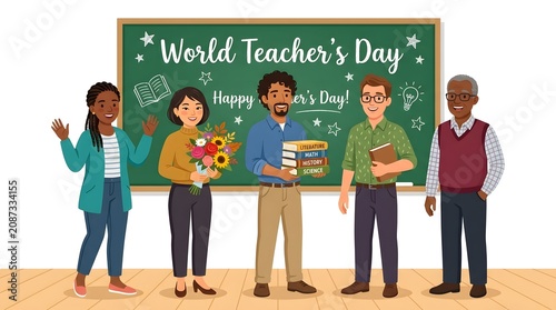 Diverse group of educators celebrating world teacher's day with books flowers and academic subjects