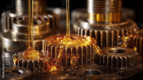 Viscous golden gear oil being poured onto spinning metal gears for smooth operation. Oiling gears for reducing friction, managing temperature, and preventing wear in machinery.