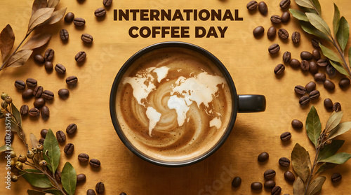International Coffee Day: World Map Latte Art in Cup with Beans and Leaves