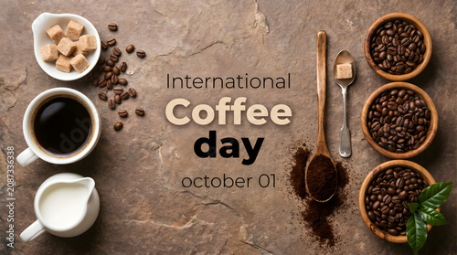 International Coffee Day October 1: Coffee Beans, Cup, Sugar Cubes, and Milk