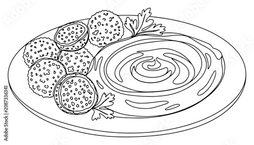 Fotografi Falafel and hummus plate with parsley garnish continuous line art style