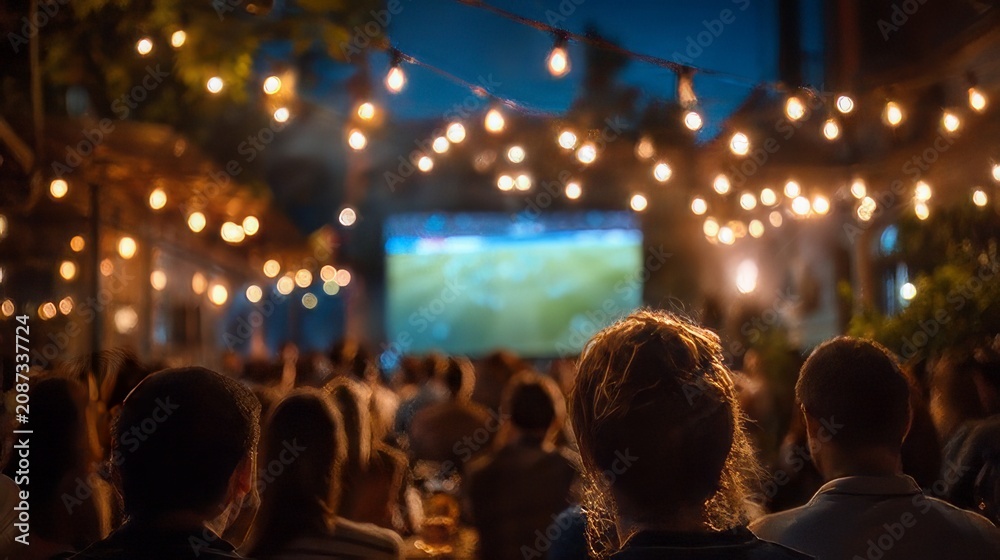 Naklejka premium Festive outdoor crowd gathering at a summer night event, illuminated by hanging string lights