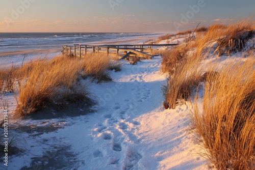 Snowy dune path to sunlit beach on Fire Island during golden hour