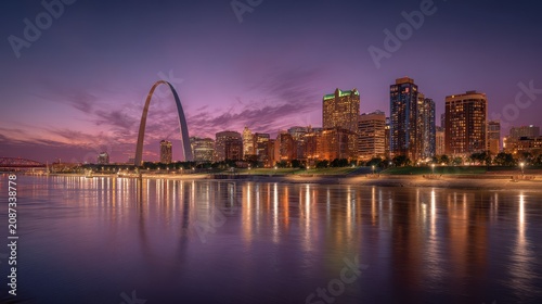 St. Louis skyline at dusk with Gateway Arch rising over the Mississippi River