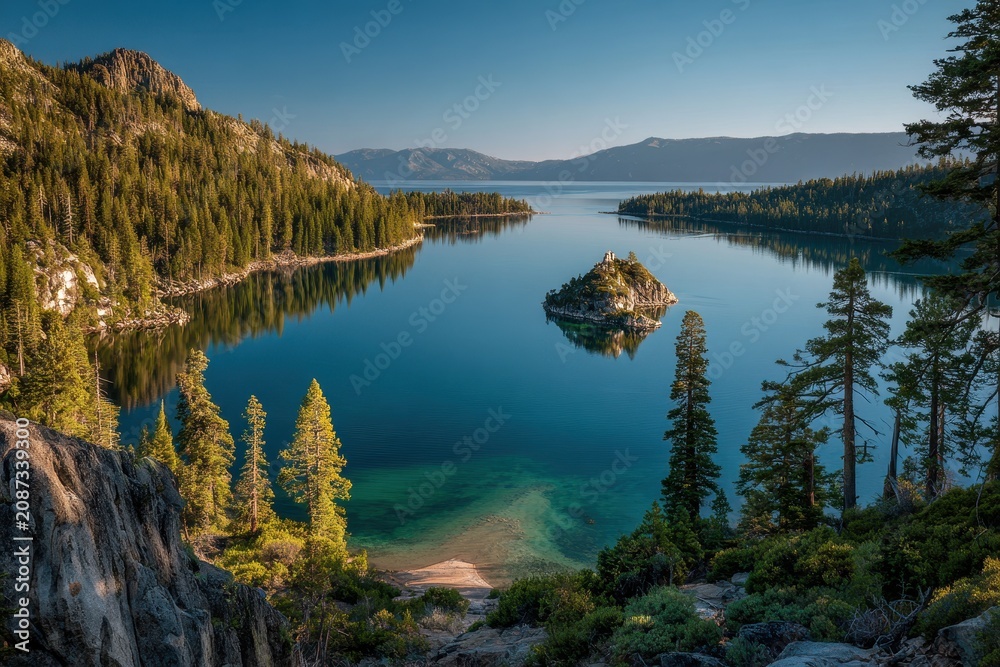 Naklejka premium Emerald Bay, Lake Tahoe: Turquoise Waters, Pine Forest, and Rocky Cliffs at Distant Peaks