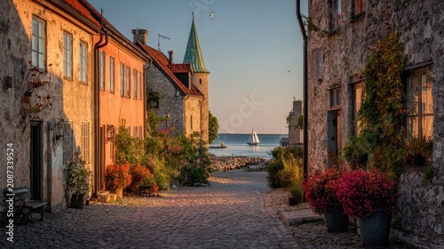 Historic Visby townscape: sunlit stone walls, harbor views, and seaside charm