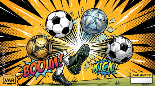 Foto Comic book style pop art illustration of a powerful soccer kick blasting multipl