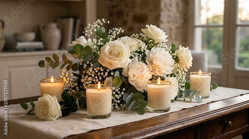 Elegant dining table centerpiece with white roses and burning scented candles centerpiece decoration romantic lighting interiors arrangement ambiance lifestyle peaceful serenity relaxation