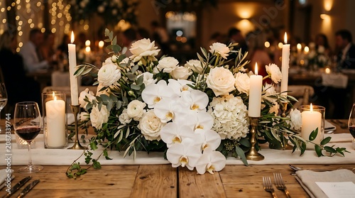 Elegant wedding table centerpiece with white flowers and burning candles at a reception centerpiece reception decoration arrangement celebration romantic beautiful marriage ceremony lighting