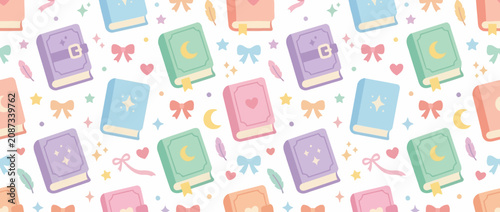 Cute Pastel Books Pattern Background with Stars and Bows