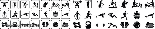 Black fitness gym workout exercise icon set collection with weightlifting, running, rowing, strength training and sports equipment symbols in flat and outline vector isolated on transparent background