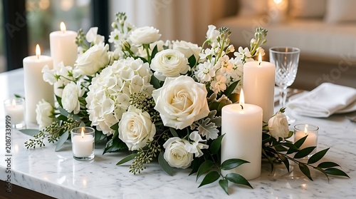 Elegant white floral centerpiece with pillar candles on marble table for wedding decor centerpiece decoration romantic arrangement celebration botanical interior atmosphere ornament stylized