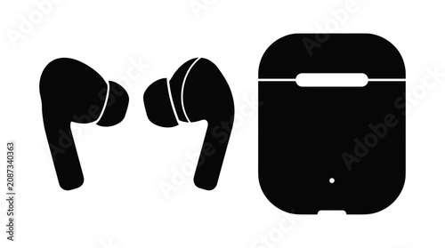 Black wireless earbuds and charging case icon on white background