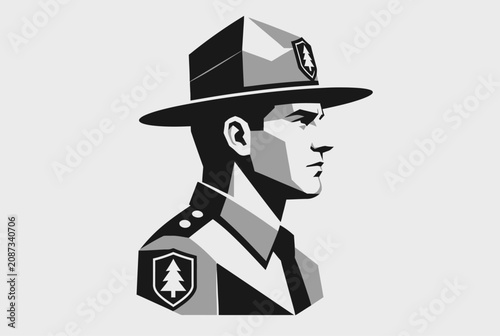 Schilderij op canvas Clean shaven forest ranger profile in flat vector style.