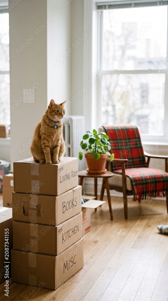 Fototapeta premium Cat sitting on boxes in a bright room with plants during a moving day in a modern apartment