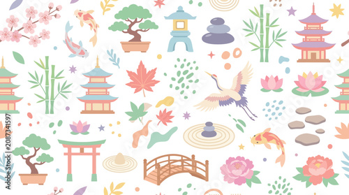 Seamless Japanese Pattern: Koi Fish, Pagoda, Bonsai, Crane, Torii Gate, Sakura