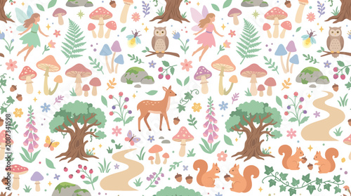 Enchanting Forest Pattern: Fairies, Animals, Mushrooms, and Flora