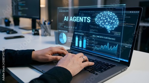  Close-up of person typing on laptop with holographic blue AI agents interface and data analytics dashboard displaying bar graphs, pie chart, and line charts in a modern office workspace