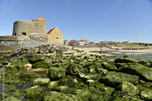 Foto Le fort entouré de rochers à marée basse à Ambleteuse à la Côte d'Opale (France)