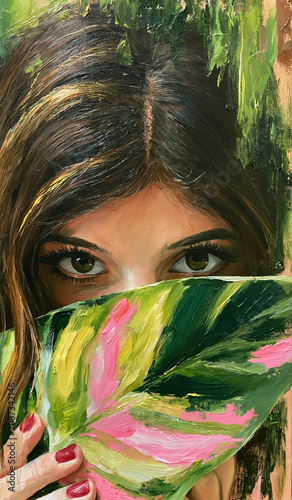 a close up portrait painting showing a woman's eyes and the top of a large leaf
