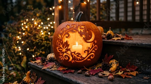 Illuminated carved pumpkin jack o lantern sitting on rustic porch steps with halloween jackolantern seasonal decoration celebration artistic tradition handcrafted nighttime decorative