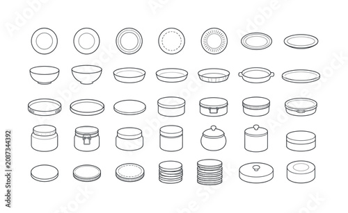 Gray round dish and container outline icons with plates, bowls, coins, and circular objects, dishes, containers, plates, bowls,