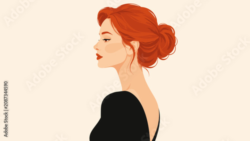 Red-haired woman profile portrait in black dress on pale background, woman, profile, red hair, dress, portrait, black, pale,