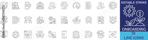 Foto User onboarding and employee corporate induction walkthrough line icon set